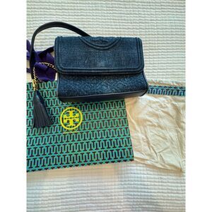 Tory Burch “Fleming” Blue Denim Suede Small Shoulder Bag